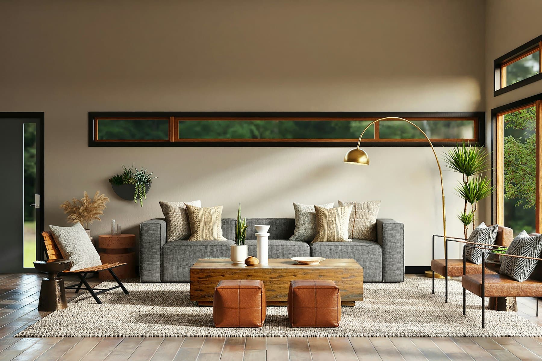 Empty room furnished with digitally added sofas, rug and lighting.